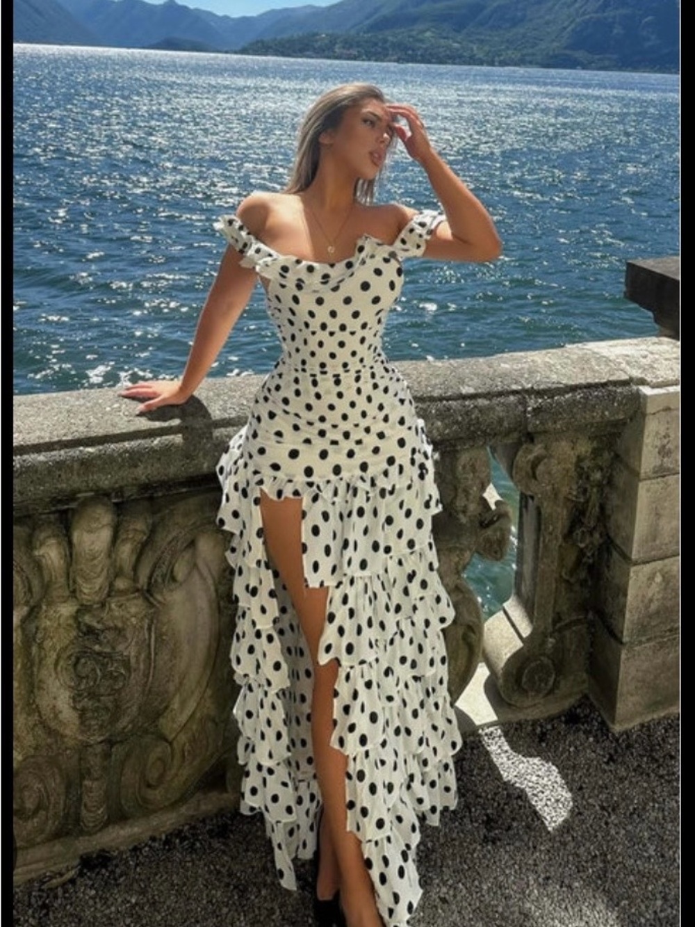 Fashion Nova White & Black Polka Dot One-Shoulder Ruffle Maxi Dress - Picture 4 of 11